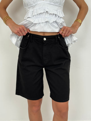 Bermuda in Denim con Pinces Nero
