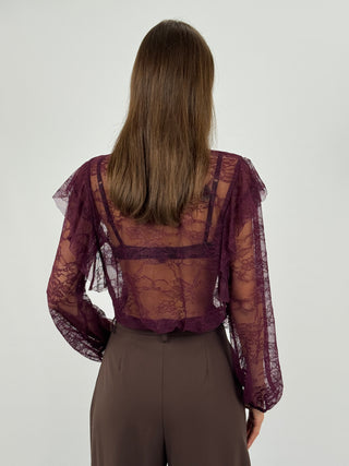 Blusa in Pizzo con Fiocco e Volant Burgundy