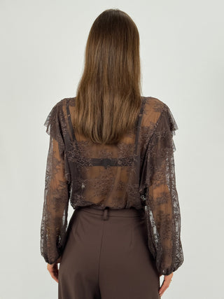Blusa in Pizzo con Fiocco e Volant Marrone