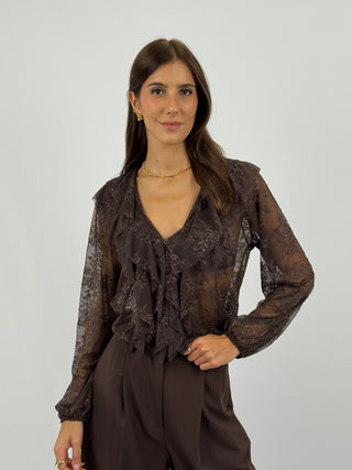 Blusa in Pizzo con Volant Marrone