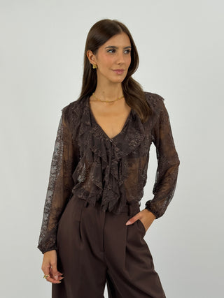 Blusa in Pizzo con Volant Marrone