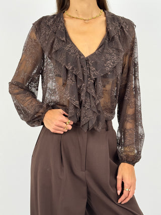 Blusa in Pizzo con Volant Marrone