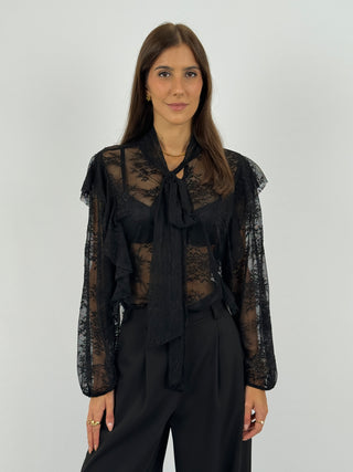 Blusa in Pizzo con Fiocco e Volant Nera