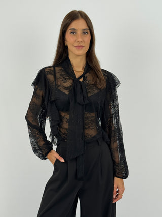 Blusa in Pizzo con Fiocco e Volant Nera