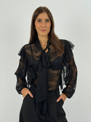 Blusa in Pizzo con Fiocco e Volant Nera