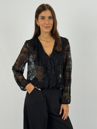 Blusa in Pizzo con Volant Nera
