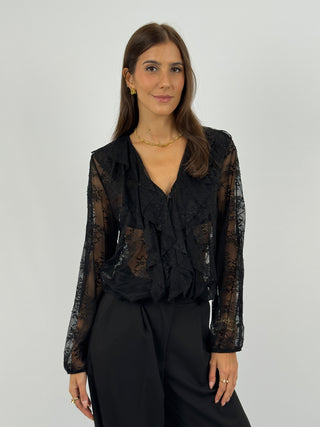 Blusa in Pizzo con Volant Nera