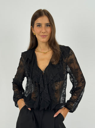 Blusa in Pizzo con Volant Nera