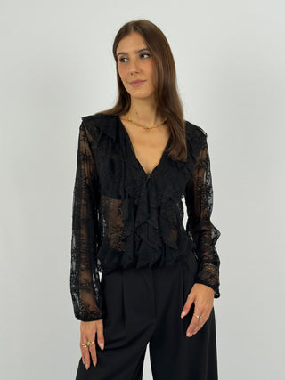 Blusa in Pizzo con Volant Nera