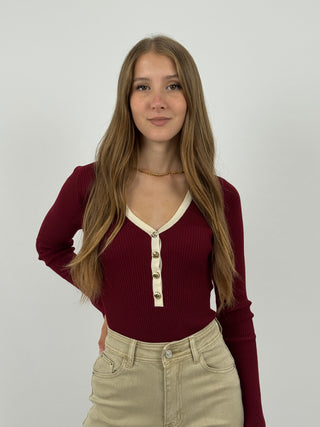 Body a Costine Bordeaux con Bordi a Contrasto