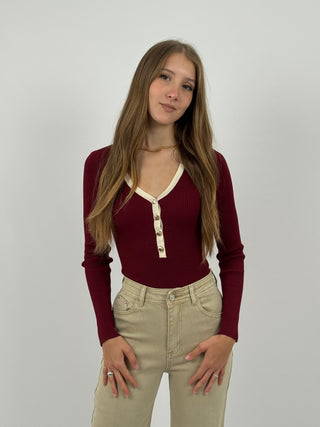 Body a Costine Bordeaux con Bordi a Contrasto