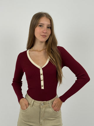 Body a Costine Bordeaux con Bordi a Contrasto