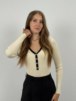 Body a Costine Crema con Bordi a Contrasto