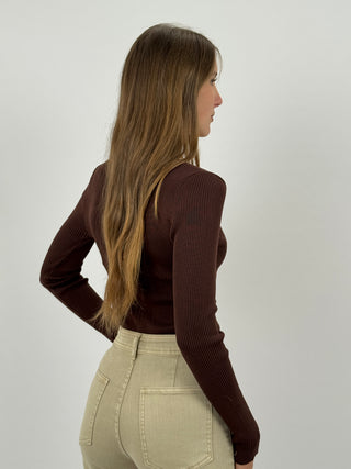 Body a Costine Marrone con Bordi a Contrasto