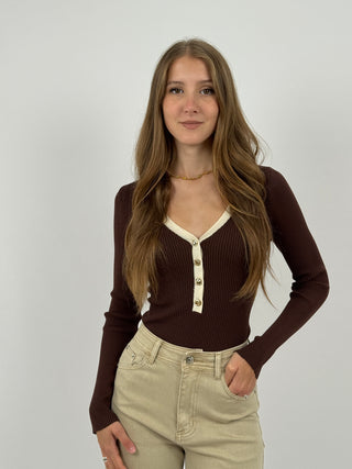 Body a Costine Marrone con Bordi a Contrasto