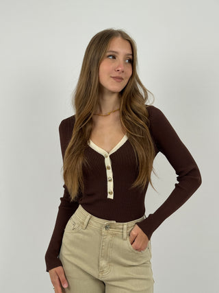 Body a Costine Marrone con Bordi a Contrasto