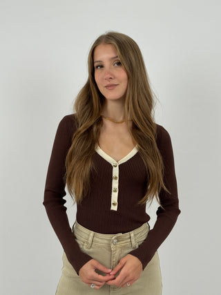 Body a Costine Marrone con Bordi a Contrasto