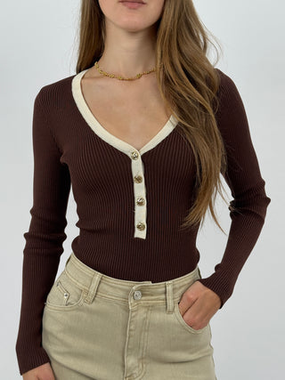 Body a Costine Marrone con Bordi a Contrasto