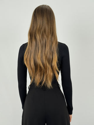 Body a Costine Nero con Bordi a Contrasto