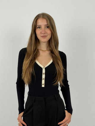 Body a Costine Nero con Bordi a Contrasto