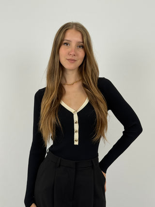 Body a Costine Nero con Bordi a Contrasto