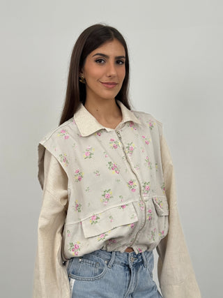 Gilet con Fiorellini Beige