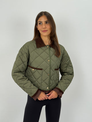 Giacca Trapuntata con Inserti in Velluto Verde