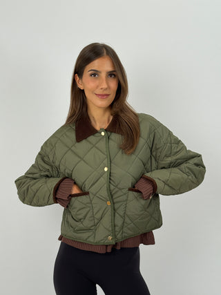 Giacca Trapuntata con Inserti in Velluto Verde