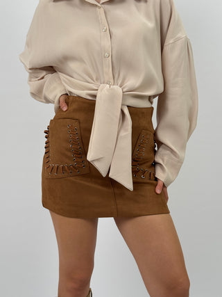 Gonna in Suede con Tasche Camel