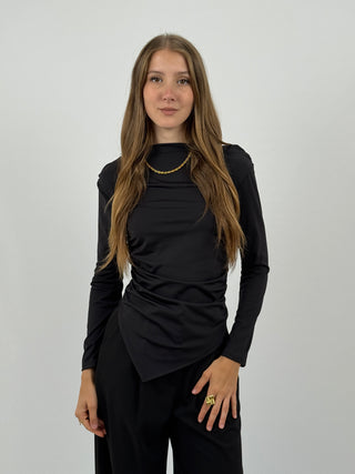 Maglia Asimmetrica con Arricciature Nera