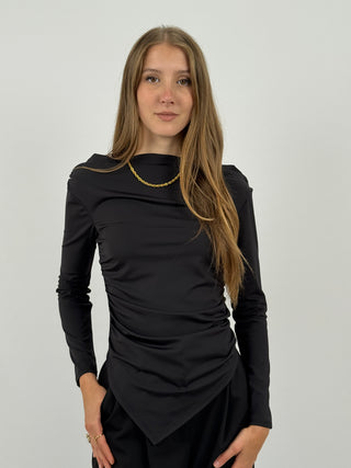 Maglia Asimmetrica con Arricciature Nera