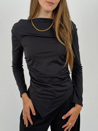 Maglia Asimmetrica con Arricciature Nera