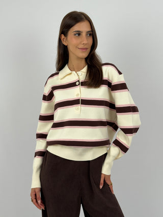 Maglione Crema a Righe con Colletto