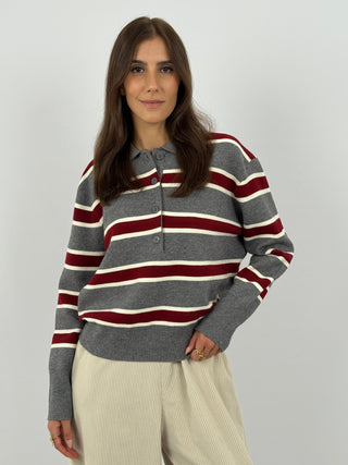 Maglione Grigio a Righe con Colletto