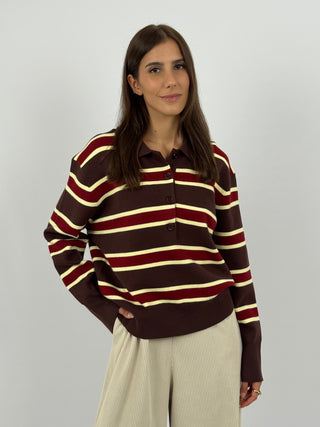 Maglione Marrone a Righe con Colletto