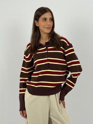 Maglione Marrone a Righe con Colletto