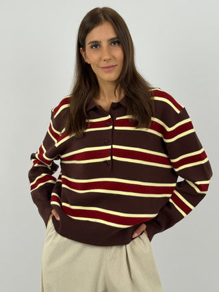 Maglione Marrone a Righe con Colletto
