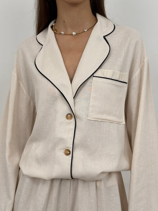 Coordinato Camicia e Shorts con Bordi a Contrasto Beige