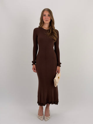 Abito Lungo in Maglia a Costine Marrone