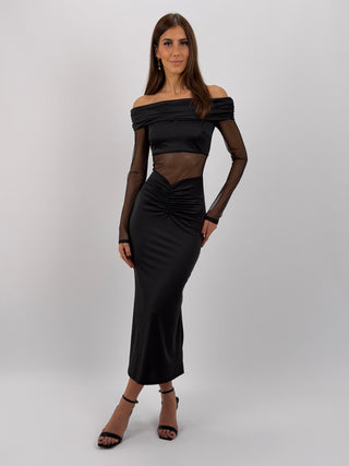 Abito Lungo con Inserti in Tulle Nero