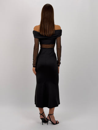 Abito Lungo con Inserti in Tulle Nero
