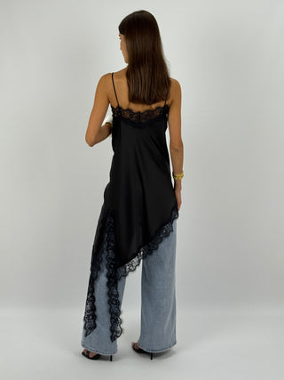 Abito Asimmetrico Satin con Pizzo Nero