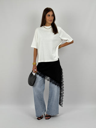 Abito Asimmetrico Satin con Pizzo Nero