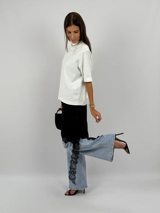 Abito Asimmetrico Satin con Pizzo Nero