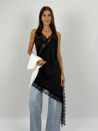 Abito Asimmetrico Satin con Pizzo Nero