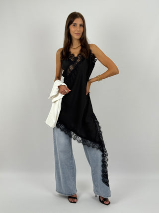Abito Asimmetrico Satin con Pizzo Nero