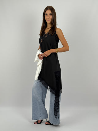 Abito Asimmetrico Satin con Pizzo Nero