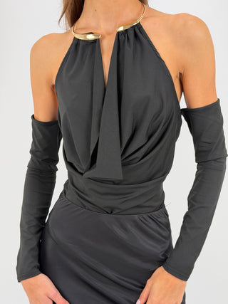 Body con Maniche e Collarino Gioiello Nero