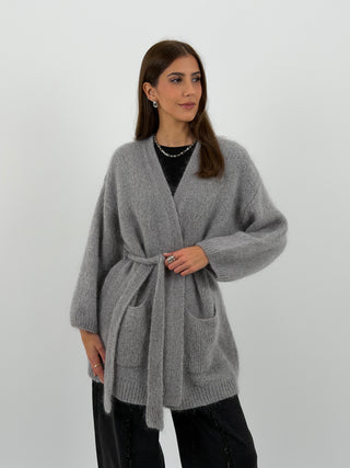 Cardigan in Mohair con Cintura Grigio