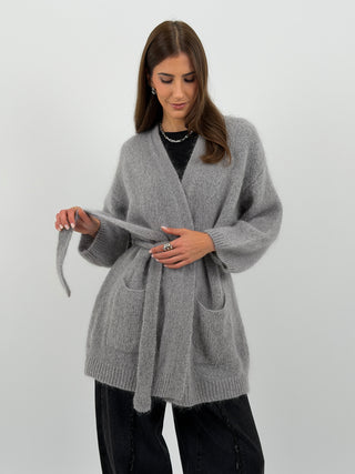 Cardigan in Mohair con Cintura Grigio